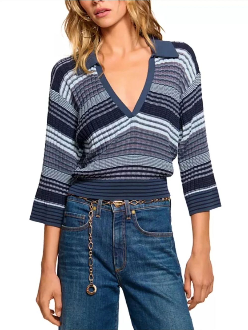 Ramy Brook Azaria Striped Cotton-Blend Sweater Bright Lily Stripe Blue XS